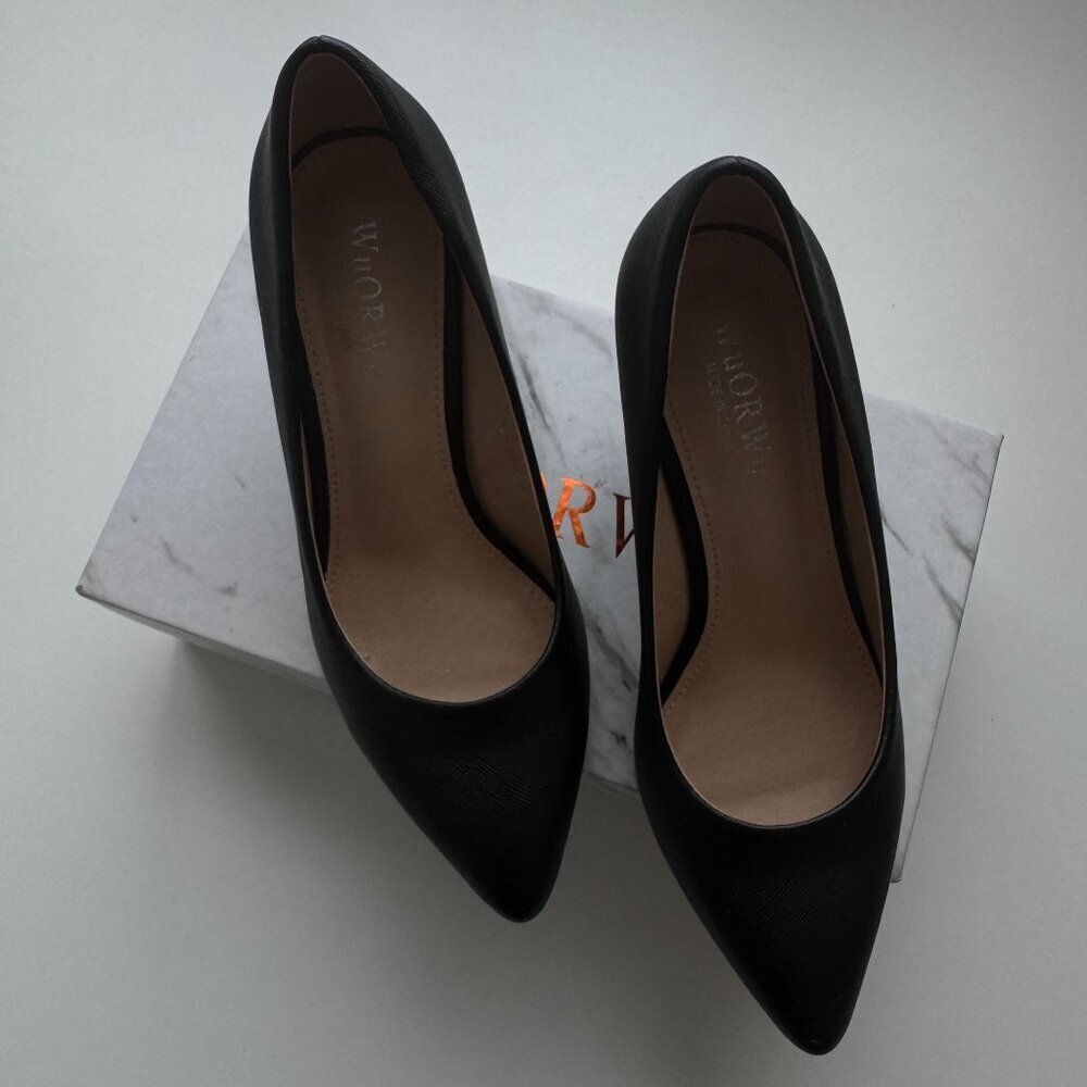 Women Black Pointed Toe Heels Pumps For Classic Faux Leather Comfortable Shoes - Picture 7 of 9